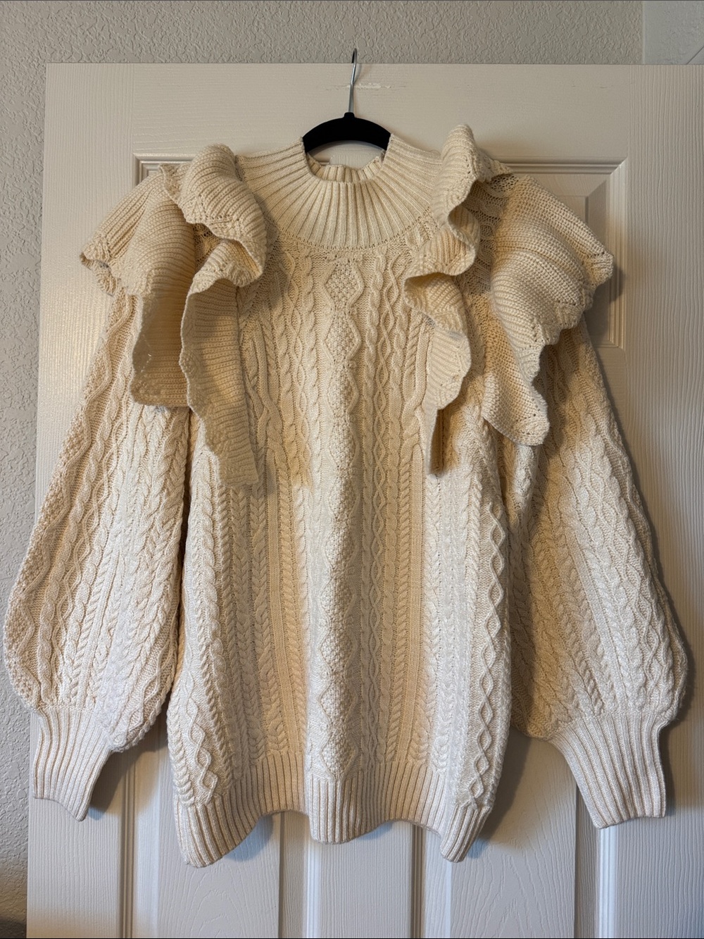 Listicle Cream Cable Knit Ruffle Turtleneck Sweater